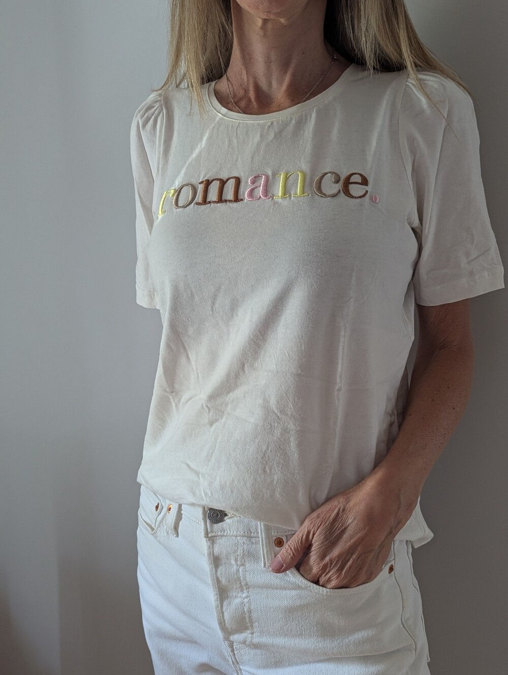 Selected Femme Romance Embroidered Cream Women's Tee